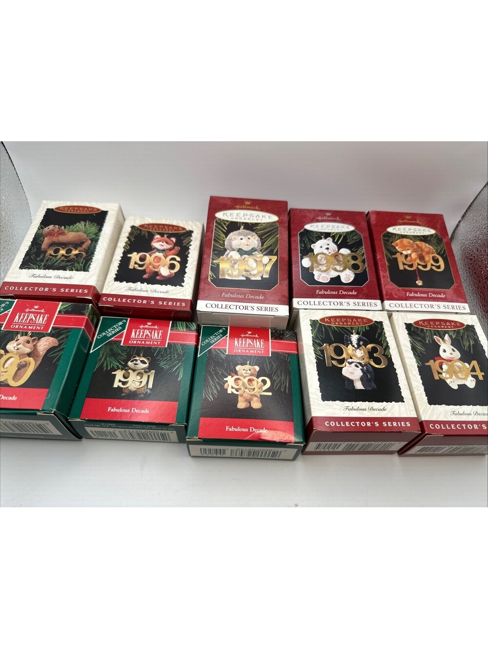 Complete Set of Hallmark Fabulous Decade ornaments 10 Fox Cat Otter Skunk Bear